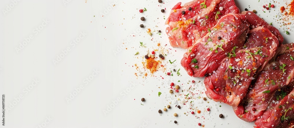 Aufkleber raw meat seasoned with spices, with a rustic appearance, displayed against a plain background in a c