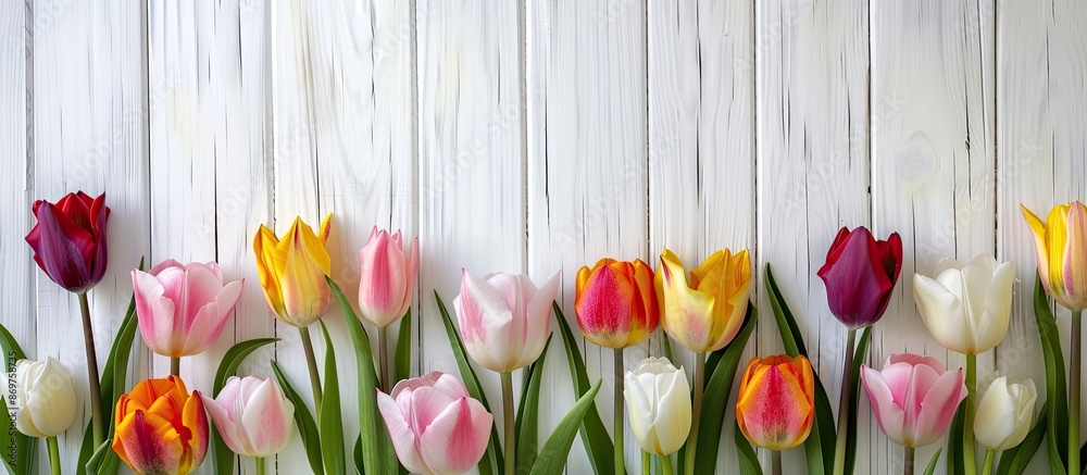 Aufkleber Spring background with tulips in two corners against a white plank backdrop, ideal for inserting text with copy space image.
