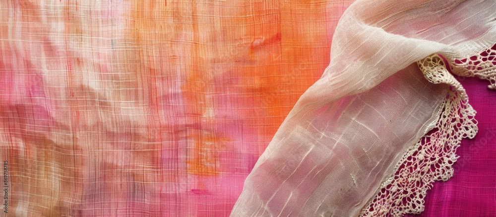 Poster Natural linen with lace ribbon against a vibrant cloth backdrop, creating a border frame for a copy space image.