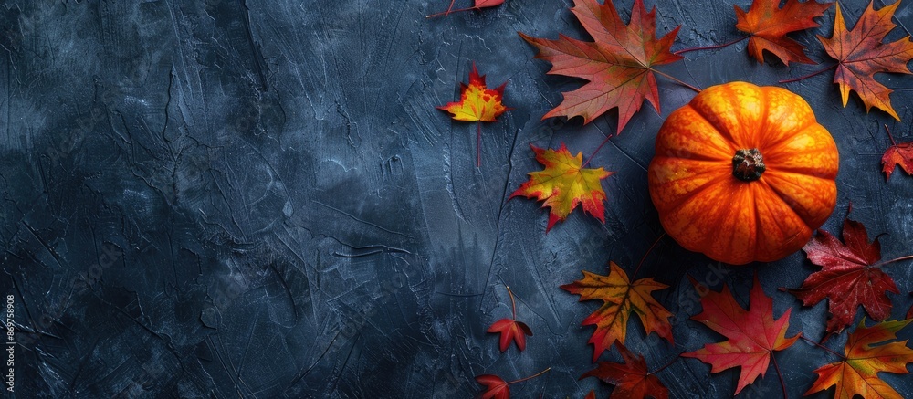 Poster Vibrant fall maple leaves and a pumpkin placed on a dark backdrop with space for adding an image.