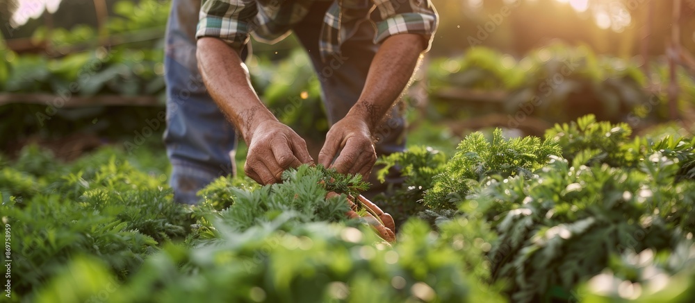 Poster a man farmer is gathering carrots in a garden with selective focus, presenting an image with copy sp