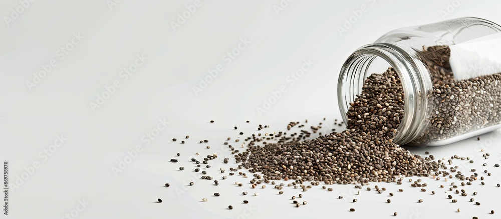 Poster Chia seeds scattered from a toppled glass jar, with the lid visible in the backdrop against a white background, creating a copy space image.