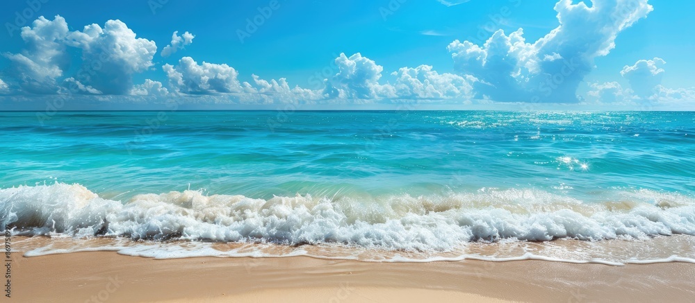Poster vacation concept featuring a serene beach and sea backdrop with ample copy space image.