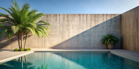Minimalist Swimming Pool with Palm Trees and Concrete Wall