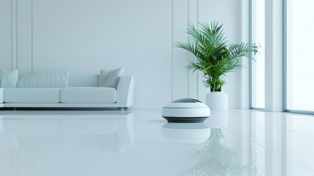 Selfcleaning homes equipped with nanobots that continuously maintain cleanliness and repair minor damages, blending convenience with futuristic technology, with copy space