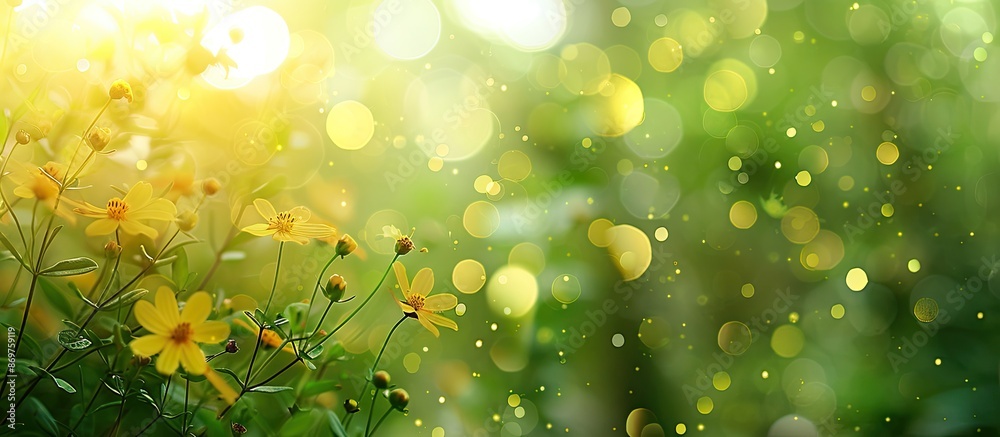 Poster green blurred background with a yellow tint featuring bokeh circles surrounding wildflowers and leav