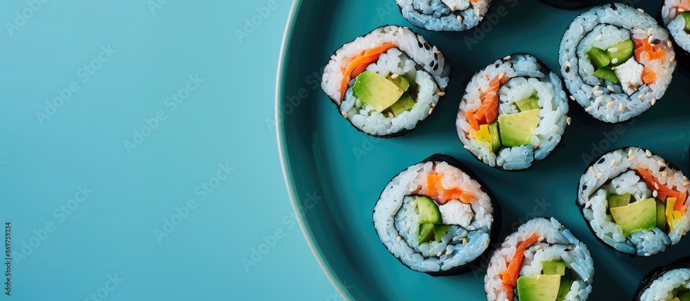 Poster sushi rolls with creamy avocado slices elegantly displayed on a blue plate in a copy space image.
