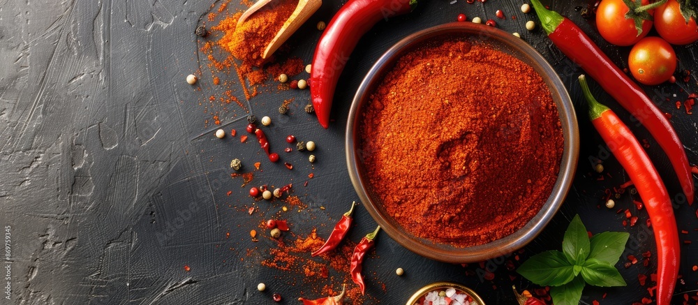 Poster on a grey table, a dish of paprika surrounded by ingredients, with copy space for adding text to the
