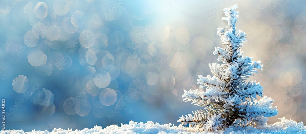Aufkleber a small pine tree covered in fresh snow against a blurred blue background, ideal for a merry christm