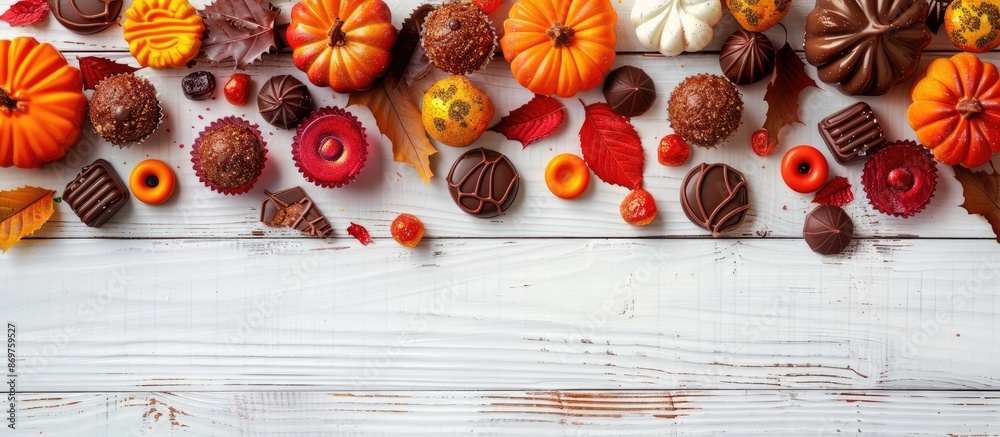 Poster top view of an array of classic autumn sweets on a white wooden backdrop, forming a side border with