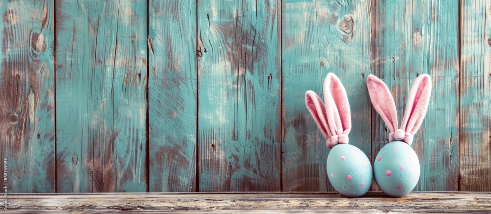 Poster easter eggs wearing bunny ears on a rustic wooden backdrop with copy space image.