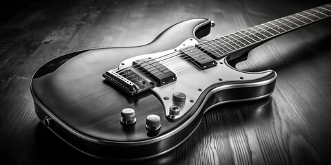 Fototapeta premium Monochrome close-up of a classic electric guitar, isolated on white background with generous negative space, electric guitar, black and white, vintage guitar, music, musical instrument