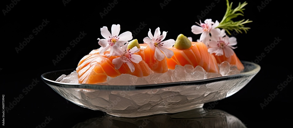 Aufkleber japanese-style presentation of salmon sashimi on a flower-shaped ice bowl boat, isolated against a b