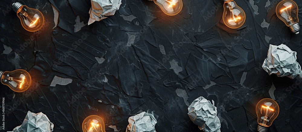 Poster top-down view of crumpled white paper and light bulbs arranged on a black stone board to convey a co
