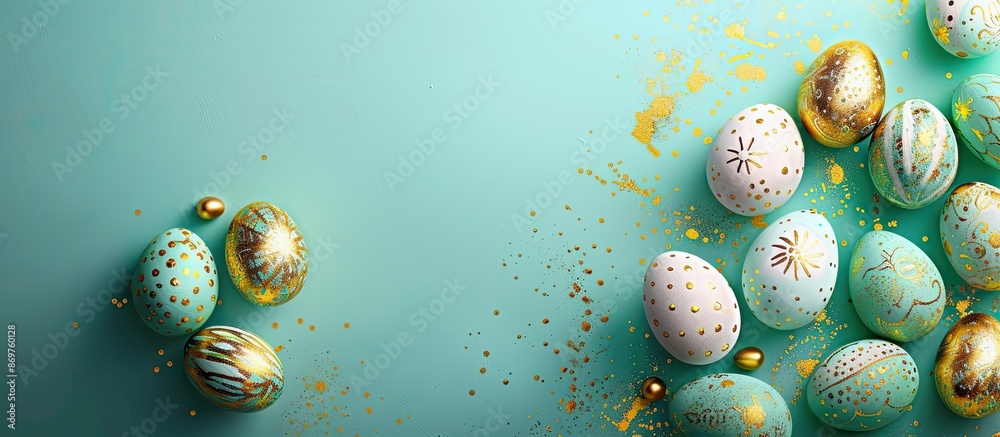 Poster Top view of Easter eggs adorned with golden paint on colored background, ideal for adding text in copy space image.