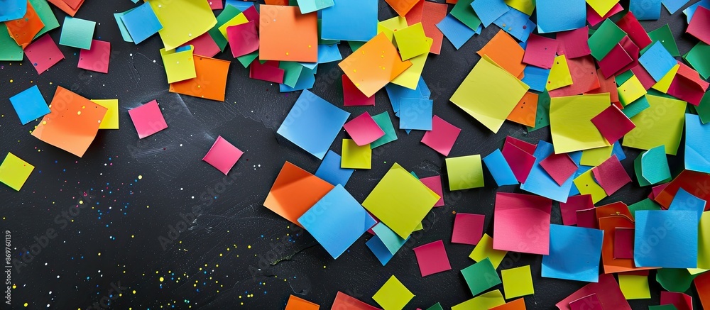 Poster colorful stickers are spread out on the table with a blank copy space image.