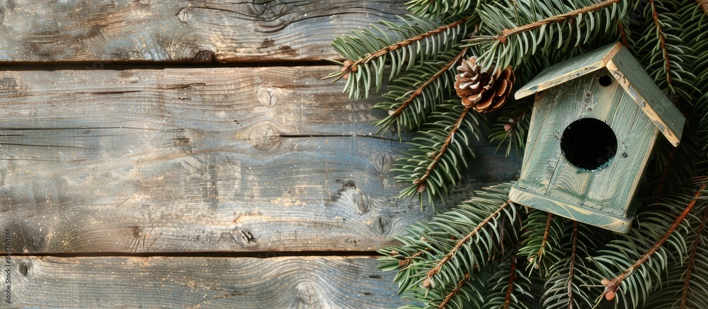 Aufkleber A festive scene features a fir branch, birdhouse on wood background, ideal for adding text or images in the empty space.