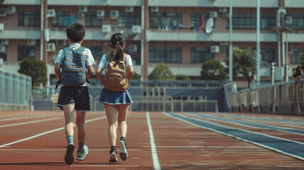 Two young girls walking on a track with backpacks