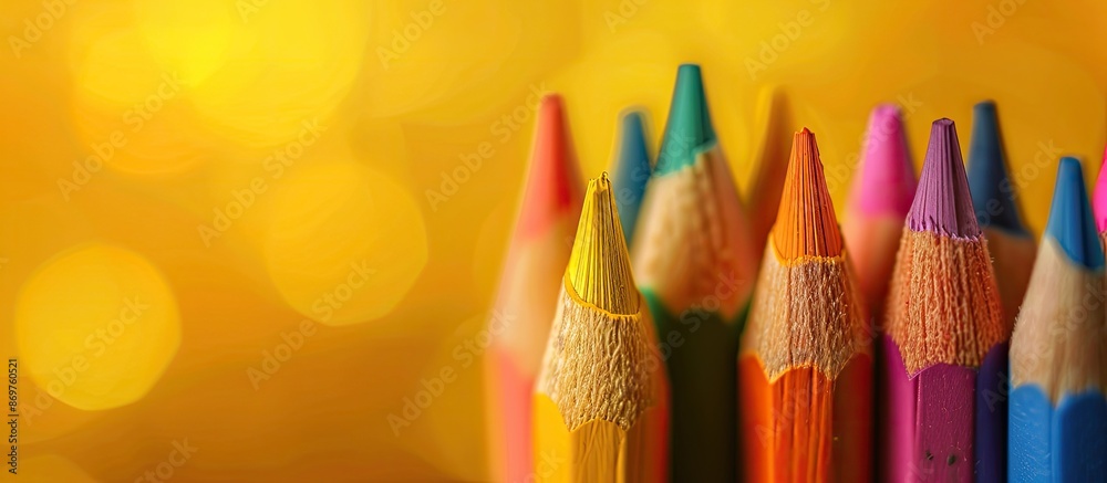 Poster close-up view of colored pencils with focus on the stylus against a blurred yellow background, provi