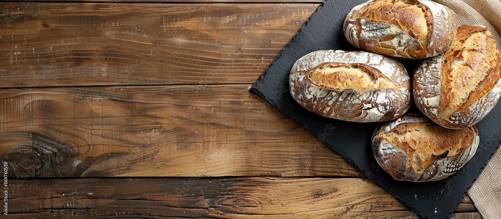 Poster fresh sourdough bread displayed on a black slate plate over a wooden table with copy space image.