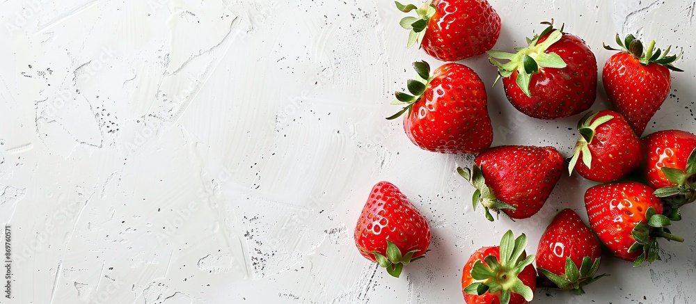 Poster fresh strawberries with bite marks, set on a white background, offer ample copy space image.
