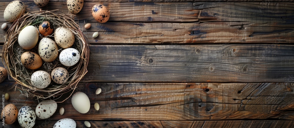 Aufkleber top view of a wooden table with a nest holding chicken and quail eggs, surrounded by easter eggs, pr