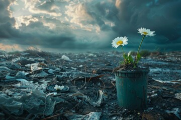 Growing chamomile flower on a garbage dump, concept of waste recycling and environmental pollution