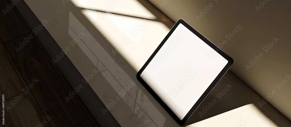 Fototapete digital tablet mockup with a white screen template placed on a corner of a table, set in natural lig