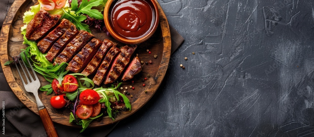 Aufkleber Top-down view of a beef steak served with a fresh salad and savory sauce, displaying a vacant area for adding your text or copy space image.