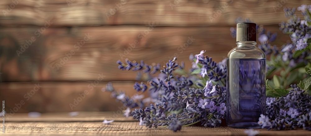 Poster a bottle for cosmetics placed on a wooden background with lavender flowers, featuring an empty copy 