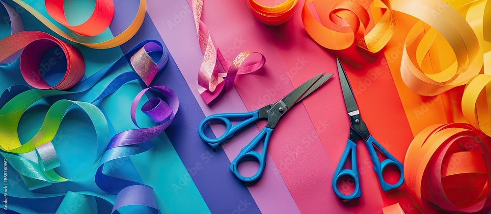 Poster Top view of a table with an iridescent palette of rainbow-colored paper sheets and scissors, providing an attractive copy space image.