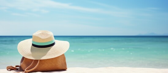 Obraz premium Sandy tropical beach scene with a summer hat, blue stripe bag, sunscreen lotion, and a serene turquoise sea in the background, perfect for a copy space image.