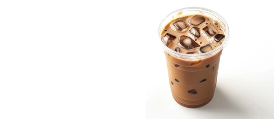 Iced mocha coffee in a plastic cup can be taken home and placed on a separate white background with a clipping path for a copy space image.