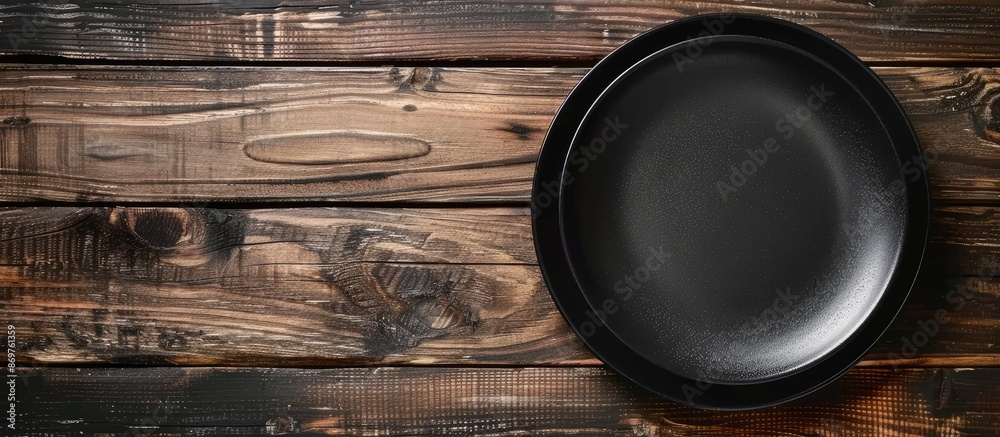 Poster top view of a black plate on a kitchen table with space for text or image.