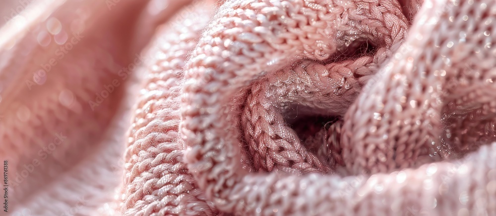 Poster Close-up image of a soft sleeve top knitted with metallic yarn in rose silver, creating a textured banner with copy space image.