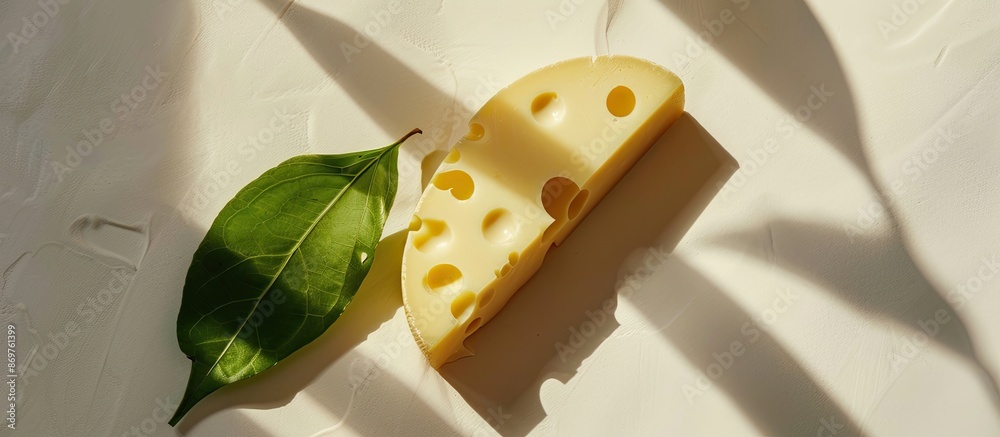 Poster top view of a chunk of maasdam cheese with holes on a white background with harsh shadows, accompani