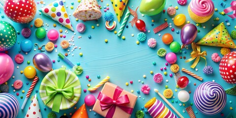 Party Banner or Backdrop with Vibrant Decorations Balloons, Presents, Party Hats, Confetti, Candies, Streamers, Flat Lay, Personalized Greeting Text