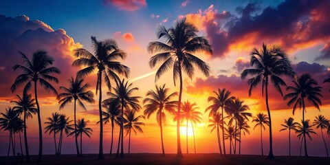 Obraz premium Palm Trees Silhouette at Sunset with Dramatic Sky - Digital Illustration
