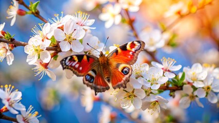 Peacock Butterfly on White Cherry Blossom