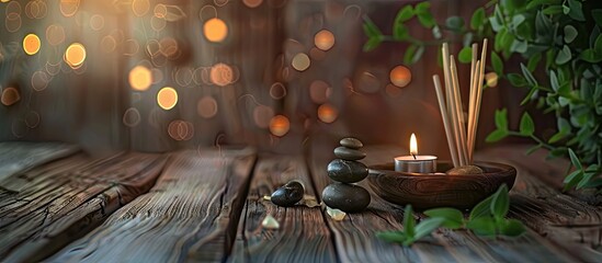 A serene background featuring joss sticks, candlelight, stones, fresh leaves on wood, ideal for meditation, yoga, and well-being activities with copy space image available.