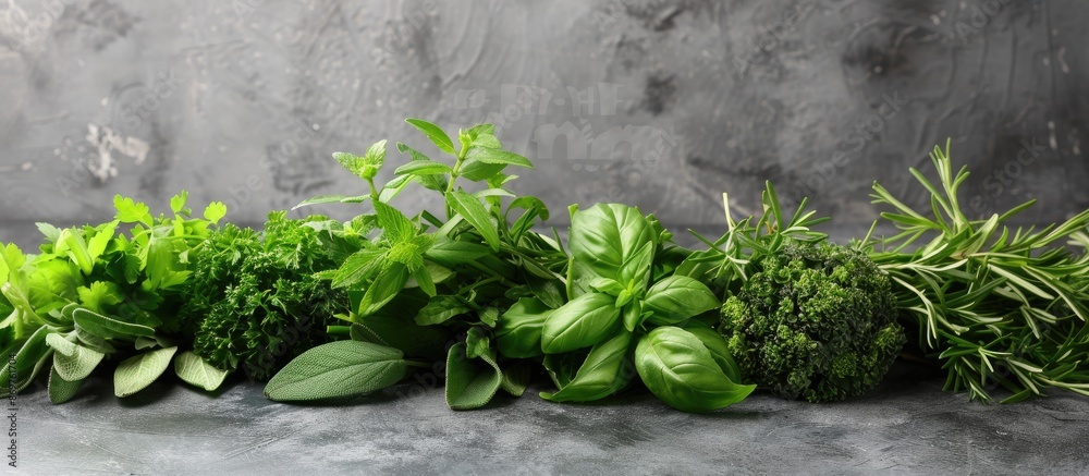 Poster on a gray table, there is a bunch of fresh herbs with a banner providing copy space image.