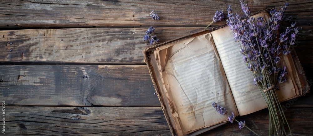 Poster a branch of dried lavender flowers and an empty aromatherapy recipe book placed on a rustic wooden t