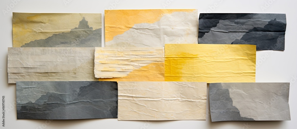 Aufkleber a collection of handmade rag papers featuring an abstract landscape with gray and yellow pastel tone