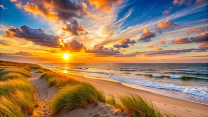 Obraz premium Picturesque sunset over the tranquil waters of the Hamptons, summer season, with ample room for text or design