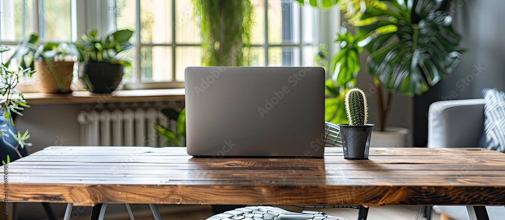 Poster Modern home office setup with a gray laptop on a wooden table, a perfect workplace for staying and working at home, showcasing a sleek interior design with a convenient copy space image.