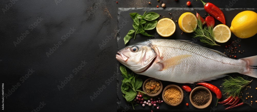 Poster Fresh dorado fish and cooking ingredients displayed on a black slate table from a top view perspective showcasing a copy space image.