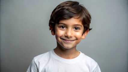 Portrait of a Happy Little Boy in a White T-shirt Against a Grey Background