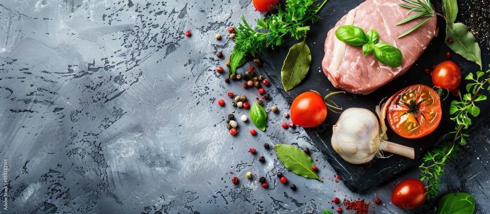 Aufkleber fresh pork loin with spices and veggies on a grey stone backdrop, perfect for healthy meals. include