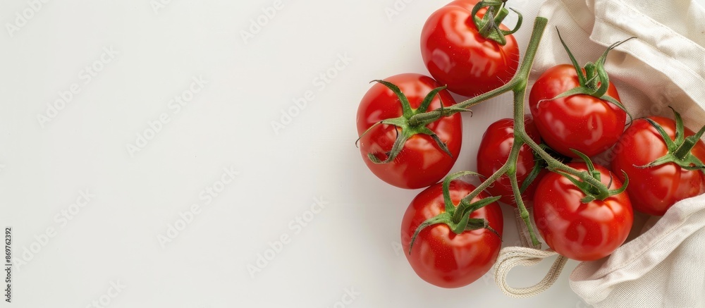 Poster Overhead view of fresh tomatoes next to an eco-friendly bag on a white background with copy space image.