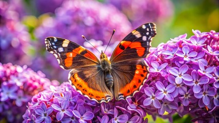 Naklejka premium Red Admiral Butterfly on Lilac Flowers - Close Up Macro Photography